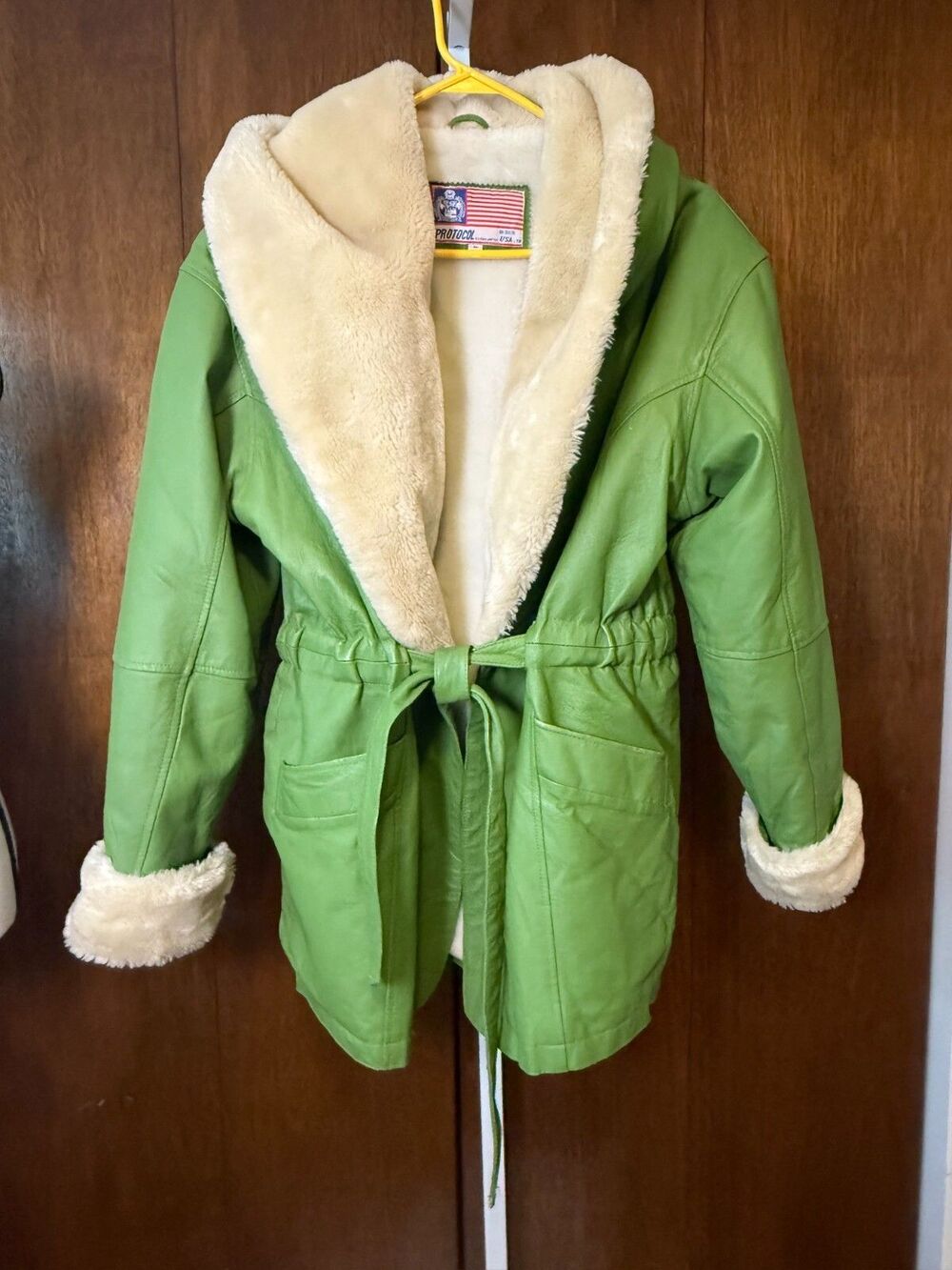 RARE Vtg Leather/Faux Fur Lined USA GREEN Coat w/Hood Penny Lane Protocol Medium - Picture 14 of 16